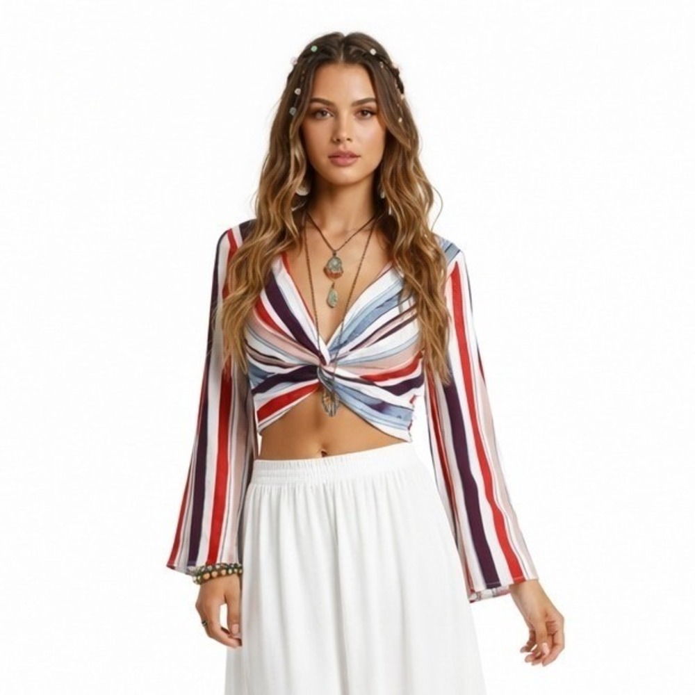 Peach Love California Bell Sleeve Hippie Crop Top Multicolor Striped Boho Size M